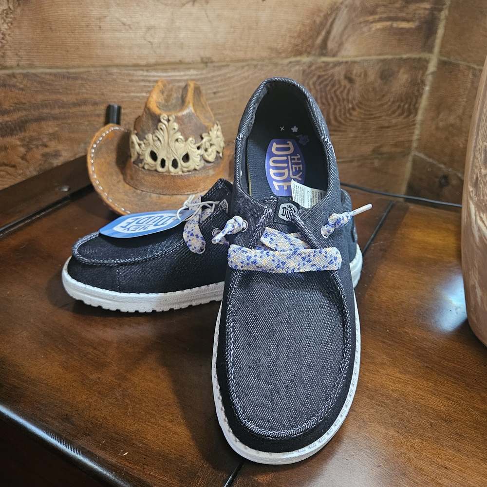 Hey Dude Black Canvas Slip-On Shoes with White Soles And Purple Laces💜💛